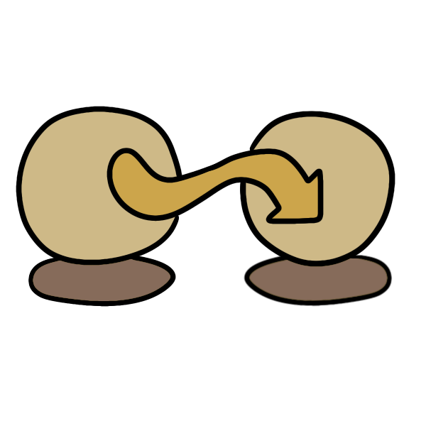 a pair of light yellow orbs with a swooshy yellow S shaped arrow connecting them pointing right. 